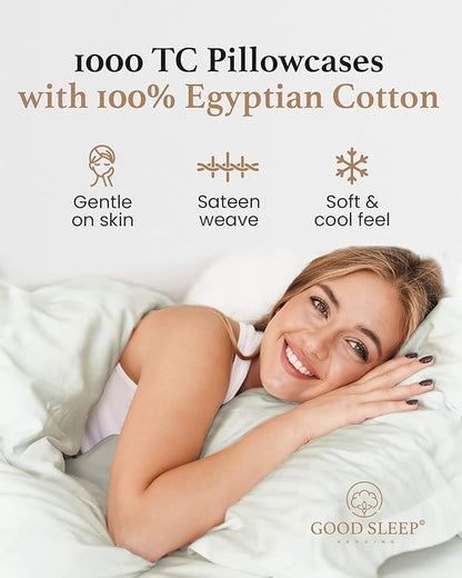 1000 TC Sage Standard Pillowcases Set of 4 100% Egyptian Cotton Pillow Cases with Long Staple Cotton & Sateen Weave, Silky Soft Hotel - Like Bed Pillow Covers for Comfy Sleeping, Snug Fit