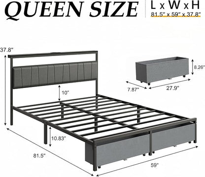 Queen Bed Frame with Storage Drawers and Charging Station, Grey | Upholstered Platform Bed with LED Lights, Headboard Storage Shelf, Noise Free, Metal Support, No Box Spring Needed