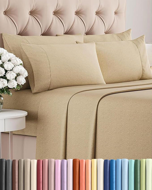 Queen 6 Piece Sheet Set - Comfy Breathable & Cooling - Soft Hotel Luxury Bedding Set with 8-16 Inch Deep Pockets - 1 Flat & 1 Fitted Sheet & 4 Pillowcases - Wrinkle Free & Easy Care - Heathered Tan