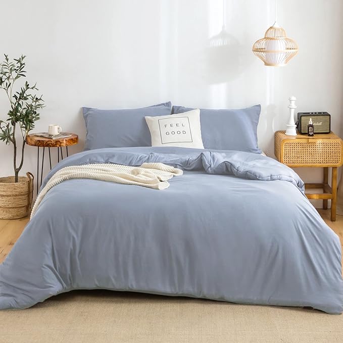 COTTEBED Solid King Bedding Comforter Sets - Super Soft Fully Thin Lightweight Washed Cotton Microfiber - 1 Bed Blanket Down Comforter and 2 Pillow Shams Set (King/California King,Light Dusty Blue)