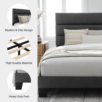 Allewie King Size Platform Bed Frame with Fabric Upholstered Headboard Gray | Wooden Slats Support, Fully Upholstered Mattress Foundation, No Box Spring Needed, Easy Assembly, Noise-Free, Dark Grey