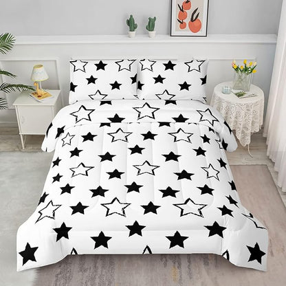 Axolotl Kids Queen Bedding Comforter Set,3Pcs Super Cute Soft Black and White Stars Quilt Set Bed in A Bag with 1 Comforter 2 Pillowcases for Kids Boys Girls Teens Adults Room Decor All Season