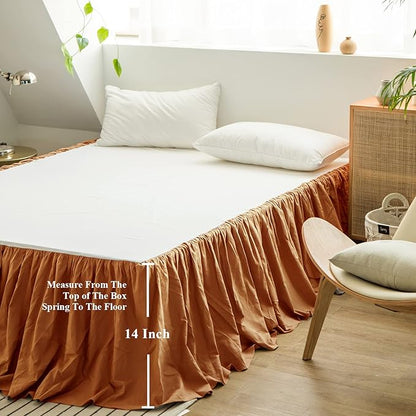 BISELINA French Linen Bed Skirt with Pleated Frills 14-Inch Tailored Drop Natural Flax Cotton Blend Dust Ruffle Soft Cozy Farmhouse Bedding (14" Twin, Rust)