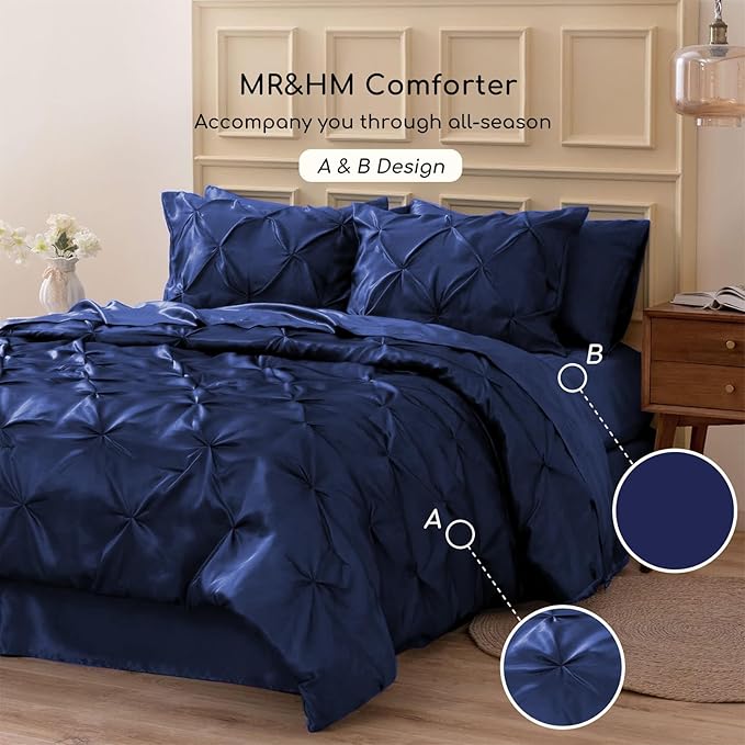 MR&HM Satin Comforter Full 7 Pieces - Luxurious Pinch Pleat Bedding Set with Comforter, Flat Sheet, Fitted Sheet, Pillowcases & Shams, Super Silky Soft Bed Set for All Season (Full, Navy Blue)