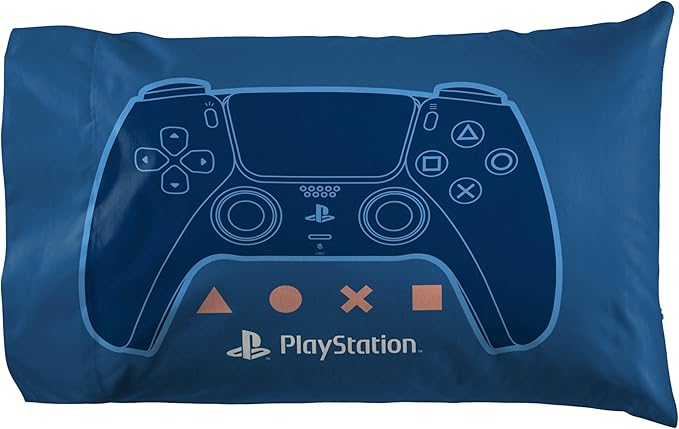 Jay Franco Kids Sheet Cartoon Set with Fitted, Flat Sheets & Pillow Cover - Ultra-Soft Bedding with Pillowcase for Room Decor, Blue - PlayStation, 4 Piece Queen