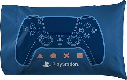Jay Franco Kids Sheet Cartoon Set with Fitted, Flat Sheets & Pillow Cover - Ultra-Soft Bedding with Pillowcase for Room Decor, Blue - PlayStation, 4 Piece Queen