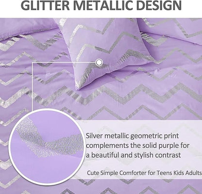 Menghomeus Purple/Silver Comforter Set King Lavender Metallic Print Glitter Bed Comforter Cute Shinny Bedding for Teen Girls Kids Women, 4 Piece (2 Pillowcases, 1 Decorative Pillow Sham)