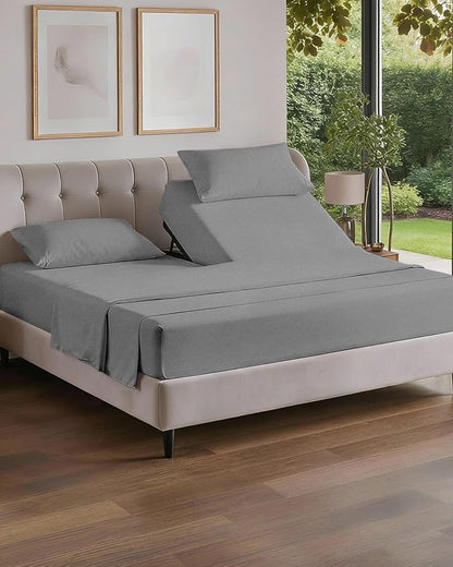 Flex Top Split Head King 4 Piece Sheet Set - Comfy Breathable & Cooling Bed Sheets Set - Hotel Luxury Bedding for Women, Men, Kids, Teens, Boys & Girls - Deep Pockets, Soft, Oeko-Tex - Heathered Grey