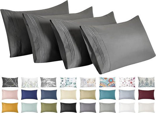 YIYEA California King Pillow Cases Set of 4, Ultra Soft 1800TC Hotel Quality Double Brushed Microfiber Embroidered Pillowcases, Envelope Closure, Fade Resistant (20"x40", Dark Grey)