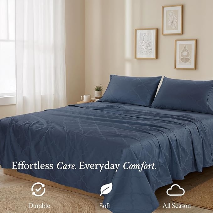 Threadmill 100% Cotton Sheets for King Size Bed | 4 Pc King Bed Sheets Set | Soft, Breathable Lightweight Damask Sateen for All-Season Use | Snug Fit Elastic Deep Pocket King Sheets | Folkstone Blue