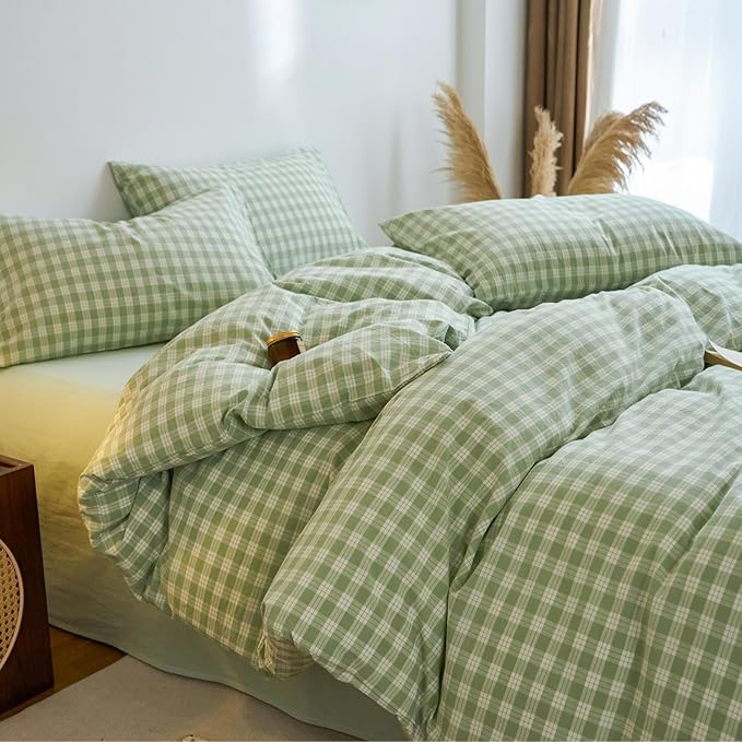 Green Gingham Duvet Cover Twin Size 3 Pieces Soft 100% Washed Cotton Checked Plaid Comforter Cover Vintage Green Grid Farmhouse Bedding Set Soft Breathable Plaid Duvet Cover with Zipper Closure