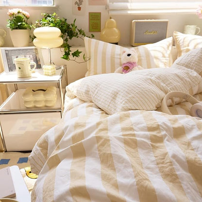 EAVD Beige Striped Duvet Cover Queen Soft Washed Microfiber Striped Reversible Bedding Set with 2 Pillowcases Modern Farmhouse Geometric Pattern Duvet Cover with Zipper Closure