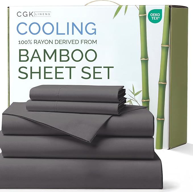 Bed Sheets Split King Size - Cooling Sheets for Split King - 100% Rayon Derived from Bamboo - Ultra Soft Hotel Luxury Bedding - 1 Flat & 1 Fitted & 2 Pillowcases w/ 16 Inch Deep Pockets - Dark Grey