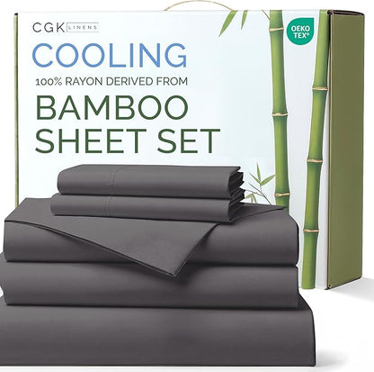 Bed Sheets Split King Size - Cooling Sheets for Split King - 100% Rayon Derived from Bamboo - Ultra Soft Hotel Luxury Bedding - 1 Flat & 1 Fitted & 2 Pillowcases w/ 16 Inch Deep Pockets - Dark Grey