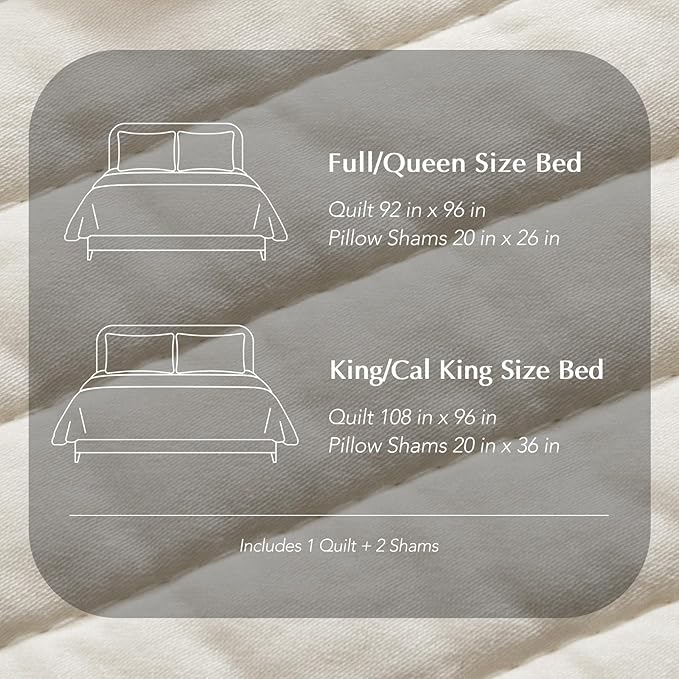 EVERGRACEHOME Cotton Sateen Quilt Set King Size, Pre-Washed Cotton Channel Stitch Coverlet Bedspread, 3 Pieces Lightweight Soft Bedding Sets for All Season, with 2 Pillow Shams, Cream
