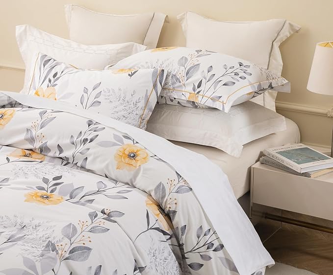 Queen Size Duvet Cover Set with Button Closure - Black and Yellow Botanical Luxury Bedding for a Comfortable Sleeping