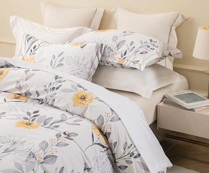 Queen Size Duvet Cover Set with Button Closure - Black and Yellow Botanical Luxury Bedding for a Comfortable Sleeping
