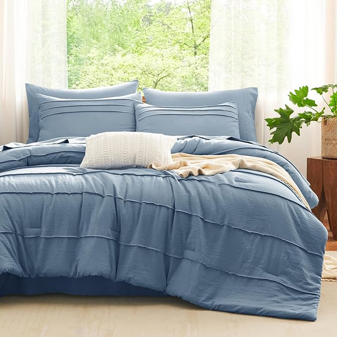 CozyLux Full Size Comforter Set Grayish Blue, 7 Pieces Soft Pinch Pleat Bed in a Bag Full Comforter Set with Sheets, Boho Bed Set with Down Alternative Comforter, Sheets, Pillowcases & Shams