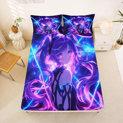 Erosebridal 3D Anime Full Bed Sheets for Kids Boys Girls Japanese Girl Fitted Sheet,Girly Galaxy Stars Bedding Sets Purple Neon Sheets with 2 Pillowcases