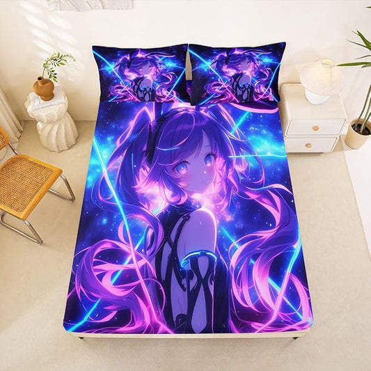 Erosebridal 3D Anime Queen Bed Sheets Japanese Girl Fitted Sheet,Girly Galaxy Stars Kids Bedding Sets Purple Neon Sheets with 2 Pillowcases
