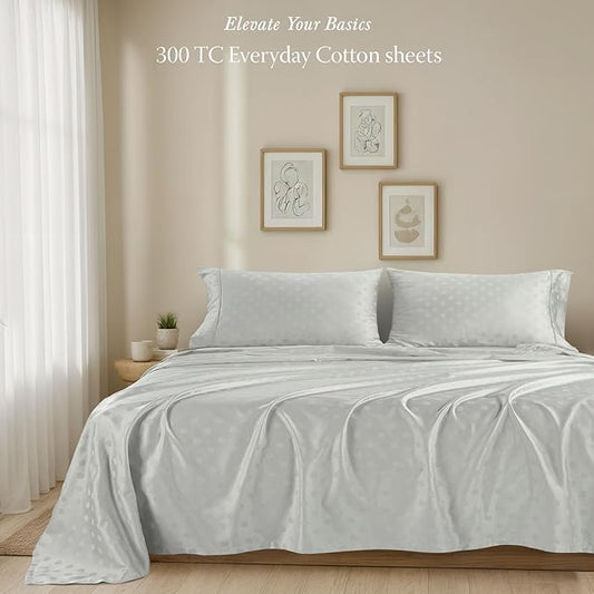 Threadmill Cotton Queen Sheet Set | 100% Cotton Sheets for Queen Size Bed | Damask Jacquard Queen Bed Sheets Set with 16” Deep Pocket | Soft Sateen Weave 4-Piece Cooling Bedding Set | Light Grey