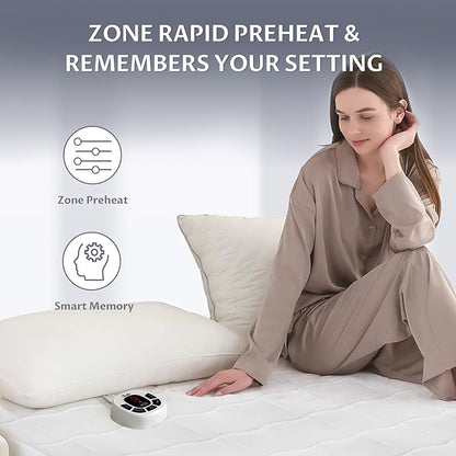 Queen Size Multi Zone Electric Heated Mattress Pad - Bed Warmer with Memory & Preheat Functions, 10 Heat Settings Dual Control for 1-12 Hours Auto Off, Lighted Button
