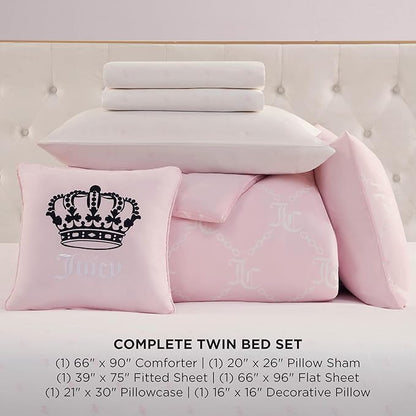 Juicy Couture Light Pink/White Link Logo Printed Comforter Set, Twin – Complete 6-Piece Bed in a Bag Collection