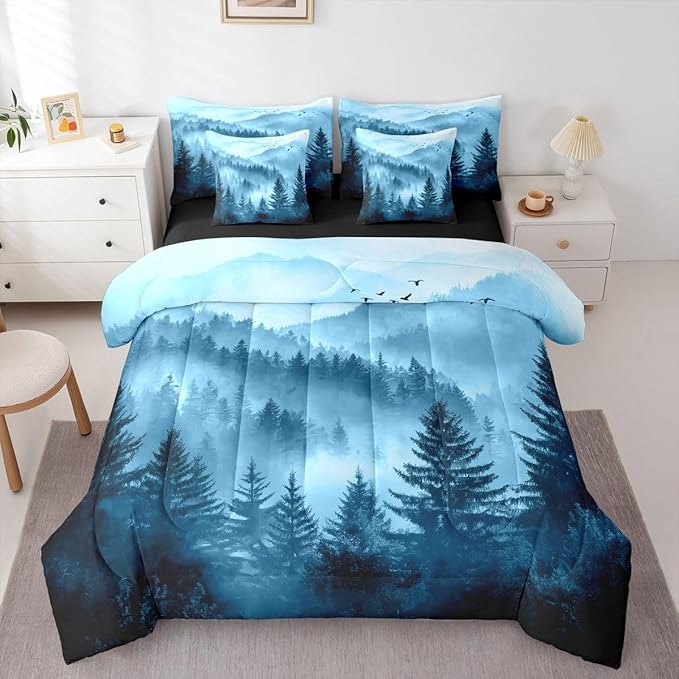 Erosebridal Foggy Mountain Queen Bedding Set 7 Piece Blue Forest Pine Tree Bed in A Bag with Sheets Nature Misty Woodland Comforter Set for Kids Adults,Flying Bird Bed Sets