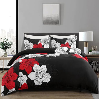 Menghomeus Black Red Comforter Set California King Colorful Floral Comforter Modern Cal King Bedding Sets with 2 Pillowcases Lightweight Boho Bed Set for All Season