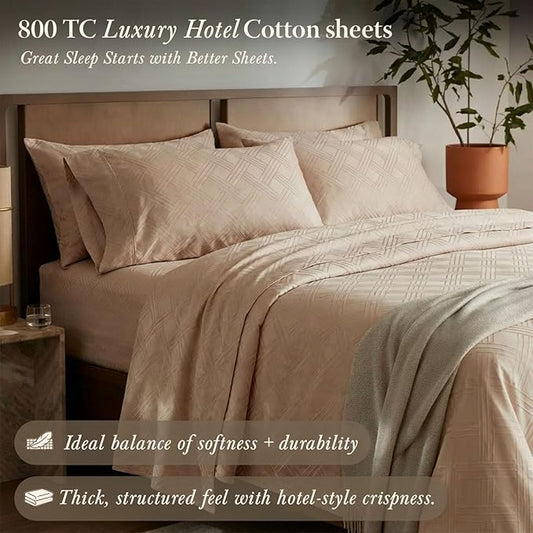 Threadmill Twin Sheets for Twin Mattress | 800 Thread Count Jacquard Celine Light Beige Sheets | 100% Cotton 3 Piece Bed Sheets | Extra Long Staple Cotton | Cotton Sheet with Elasticized Deep Pocket