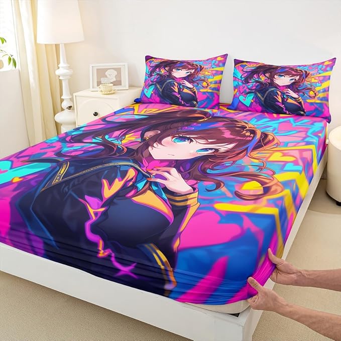 Erosebridal Anime Girl Twin Fitted Sheet, Japanese Anime Bed Sheets for Kids Girls Teens Adult Bedroom, Cartoon Girl Bedding Set Kawaii Japanese Animation Sheets 2 Piece, Purple