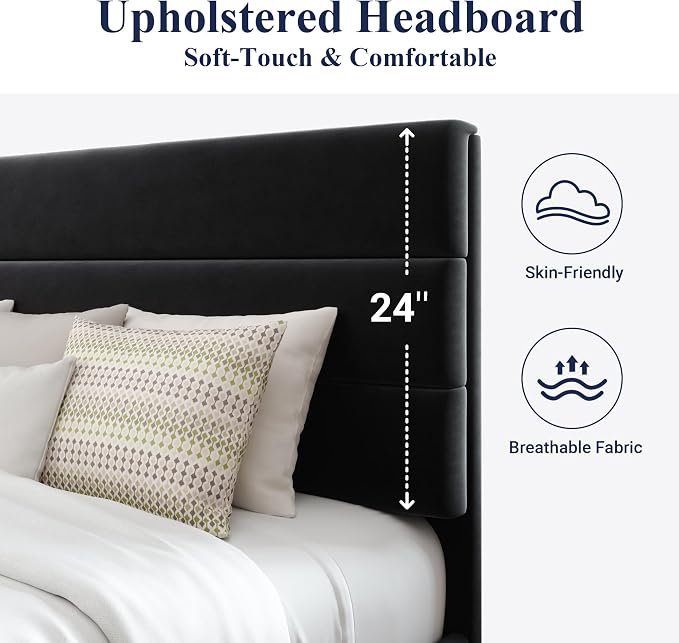 Allewie King Size Platform Bed Frame with Velvet Upholstered Headboard | Wooden Slats Support, Fully Upholstered Mattress Foundation, No Box Spring Needed, Easy Assembly, Noise-Free, Black