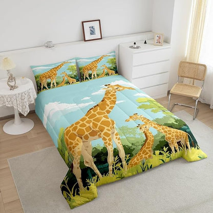 Cartoon Giraffe Comforter Set King Size for Kids Cute Tropical Wild Animal Bedding Sets All Season Blue Sky Jungle Trees Quilt Set Bedroom Decor Tallest Neck Animal Down Comforter,3Pcs