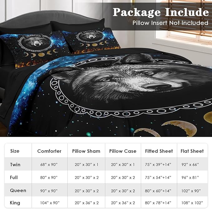 Comforter Set Twin Size, Wolf Animal Dog 5 Pcs Bedding for Kids and Adults, Starry Space Galaxy Bed Sheet Sets with Fitted Sheet Pillowcase & Sham for Bedroom Bed Decor
