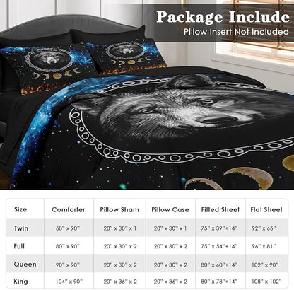 Comforter Set Twin Size, Wolf Animal Dog 5 Pcs Bedding for Kids and Adults, Starry Space Galaxy Bed Sheet Sets with Fitted Sheet Pillowcase & Sham for Bedroom Bed Decor