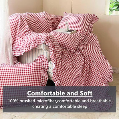 NSNLGSGC Red Ruffle Gingham Comforter Set King, Pre-Washed Ruffled Plaid Checked Comforter Bedding, 3 Pieces Vintage Farmhouse Grid Bedding Set(Red Gingham, King)