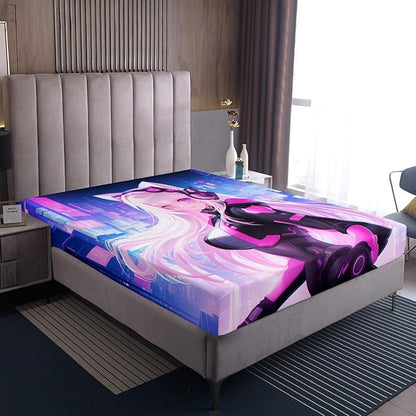 Erosebridal Full Anime Girl Bed Sheets 3 Piece, Kawaii Japanese Anime Bedding Set Cartoon Girl Fitted Sheet Sci Fi Style Japanese Animation Sheets for Kids Girls Teens Adult Room