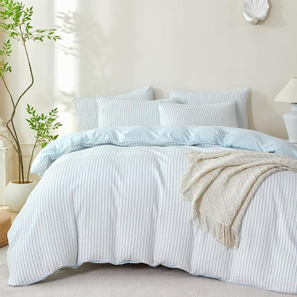 Comforter King Set Light Blue Striped Soft Luxury Washed Microfiber Jacquard 3 Pieces Bedding, Light Blue Vertical Ticking Stripes Pattern Comforter with 2 Pillowcases Breathable Durable Comfy