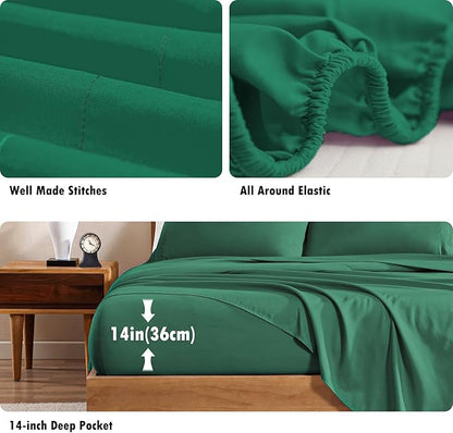 ClevaHome King Sheet Set, 4-Piece King Size Sheet Sets, Lightweight & Super Soft Easy Care Microfiber– Shrinkage & Fade Resistant Bedding Set with 14'' Deep Pockets (Forest Green)