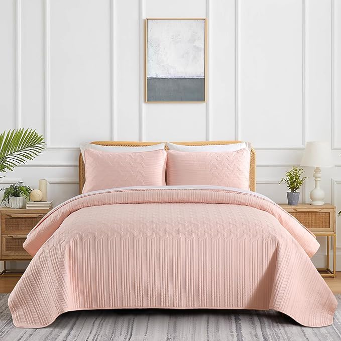 Yiran Blush Pink Quilt Set Queen Size, 3 Piece Reversible Bedspreads Bedding Set, Fall Wave Striped Pattern Coverlet for All Season with 2 Pillow Shams (Full/Queen, 96x90 Inch)