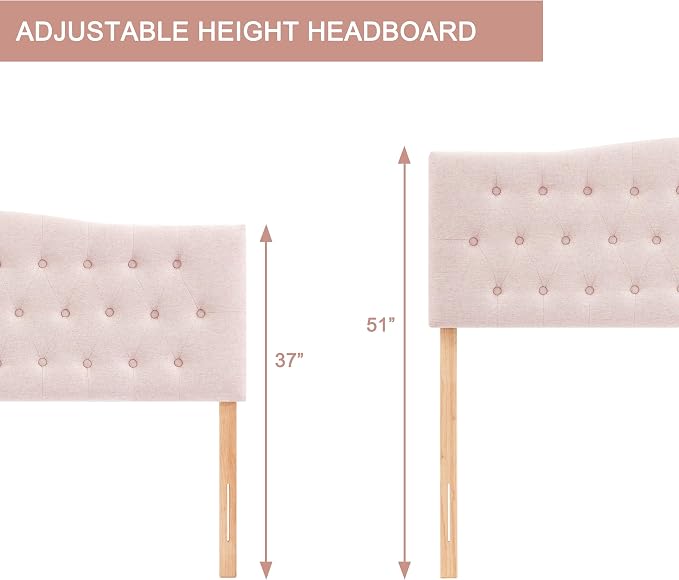 Tufted Headboard California King Size, Sturdy Solid Wood Head Board, Pink | Upholstered California King Headboard with Solid Wood Legs, Adjustable Height 37-51 in, Fabric Button Diamond HeadBoards
