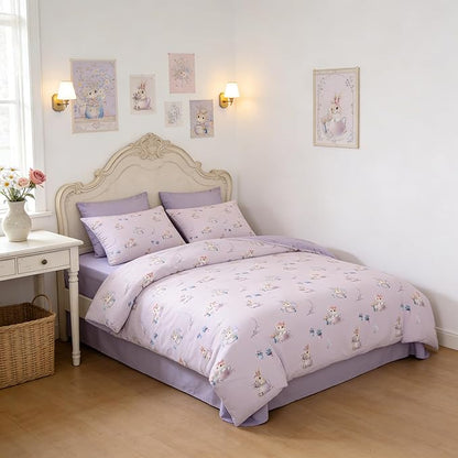 Taro Purple Queen Bed in a Bag for Girls, 5Pcs Floral Microfiber Comforter Botanical Bedding for Kids Bedroom Decor, Priness Girly Cat Kitten Comforter Set with 2 Pillowcases, 90"x90"