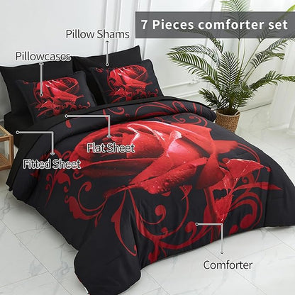 Red Comforter Set Full 7 Piece Bed in a Bag Red Rose Flower Comforter with Sheet Set Soft Micorfiber Reversible Bedding Set (1 Comforter,2 Pillow Shams,1 Flat Sheet,1 Fitted Sheet,2 Pillowcases)