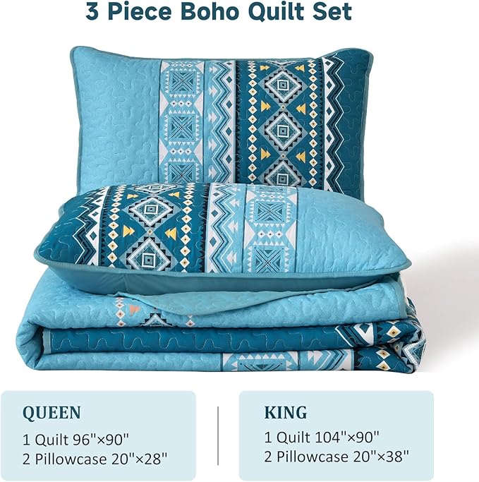 WONGS BEDDING 3 Piece Quilt Set Queen,Boho Teal Bedspread Coverlet Set with Geometry Printed for All Season,Lightweight Morden Bohemian Bedding Set 104"×90"