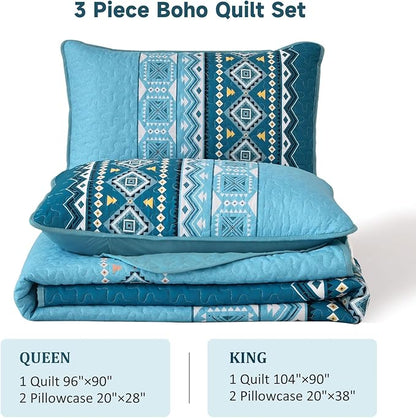 WONGS BEDDING 3 Piece Quilt Set Queen,Boho Teal Bedspread Coverlet Set with Geometry Printed for All Season,Lightweight Morden Bohemian Bedding Set 104"×90"