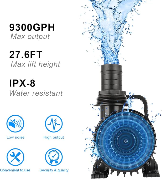 9300 GPH 620W Submersible Pond Waterfall Pump | 32.8FT Power Cord, Quiet Powerful Pump for Koi & Outdoor Water Features, with Barrier Bag