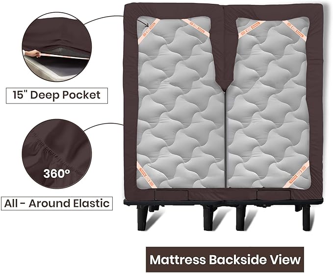 SGI bedding 36" King Split Top Flex Head Sheet Set 1800 Threads Flex Top Sheet for Adjustable Bed 4 Piece Sheet Set 15" Deep Pocket for Sleep Number Bed - Chocolate