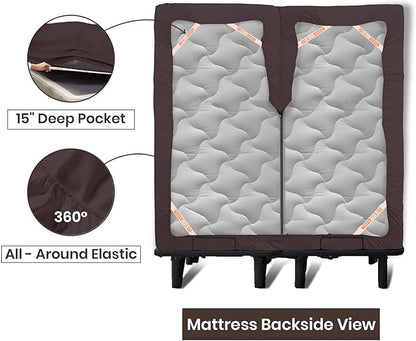 SGI bedding 36" King Split Top Flex Head Sheet Set 1800 Threads Flex Top Sheet for Adjustable Bed 4 Piece Sheet Set 15" Deep Pocket for Sleep Number Bed - Chocolate