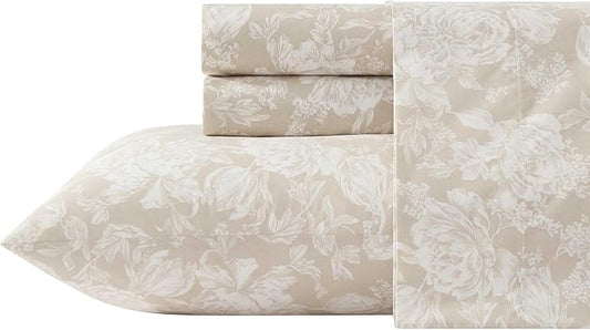Laura Ashley - Twin Sheet Set, Crisp & Cool Cotton Percale Bedding with Deep Pockets, Lightweight for Year Round Comfort, Bed Sheets with Matching Pillowcases (Meredith Brown)