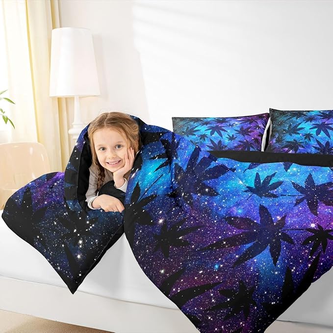 Erosebridal Leaves Comforter Set Teens Galaxy Bedding Set Full for Women Men Youth Soft Chic Purple Blue Duvet Set Room Decor Quilt Set